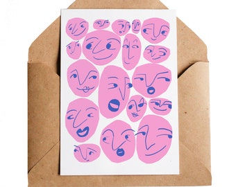 Catch Up Card, A6 | Faces Talking With Friends | Pink Navy Blue Retro Mid Century Illustrated | Laughing Group Of Friends Pals Mates