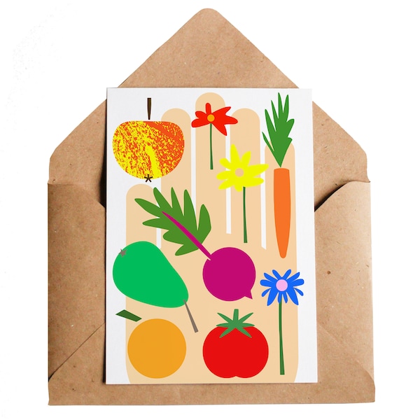 After The Garden Card, A6 | Apple Pear Orange Tomato Beetroot | Flowers Allotment Gardening Veg Growing