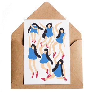 Dancing Girls Karte, A6 | Frauen feiern | Frauenpower | Freundinnen Geschenk Party Dance Rote Schuhe Blau Playsuit Lange Haare