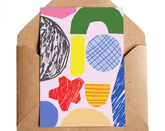 Play Sand Card, A6 | Abstract Collage Playful Print | Friend Birthday Gift Him Her | Pink Grid Check Pattern Microscope