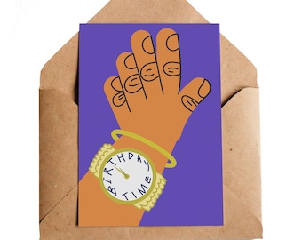NEU! Geburtstagskarte, A6 | Gold Big Watch Schmuck Coole Uhr | Handillustration Eisjuwelen Schmuck Geschenk
