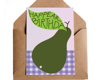 NEW! Birthday Pear Card, A6 | Picnic Party Gingham Fruits | Garden Orchard Healthy Snack | Friend Gift Still Life Tablecloth