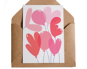 Love You Balloons Card, A6 | Love Card | For Him & Her | Art Card | Lovers Friends Partners | Valentines Galentines