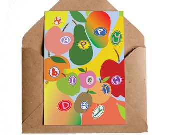 Birthday Fruits Card, A6 | Fun Colourful Typography Fruit Stickers | Mango Apple Grapefruit Still Life | Art Card Friend Gift