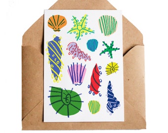 Shells Card, A6 | Ocean Wildlife Scuba Diving Holiday Swimming Beach Nature | Colourful Shells Starfish