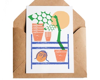 Garden Centre Card, A6 | Plant Shopping Monstera Swiss Cheese Plant | Terracotta Pots Houseplants Shelves Utility