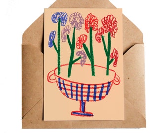 Flower Vase Card, A6 | Oil Pastel Series | Gardening Nature Lover | Ceramics Grid Homeware | Art Card Gift