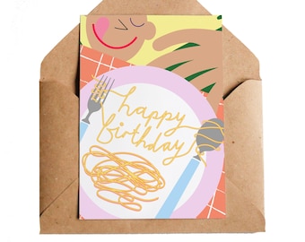 Birthday Spaghetti Card, A6 | Pasta Foodie Friends Eating | Dinner Party Happy Birthday | Handwriting Type Typography Food Noodles