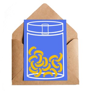 Cartão Macarrão, A6 | Metas da despensa para macarrão Kilner Jar | Prateleiras de cozinha para culinária gastronômica | Desenho de linha retrô minimalista