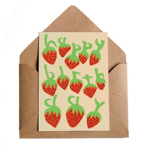 Biglietto di auguri di compleanno con fragole, formato A6 / Carattere tipografico con scritta "Frutta giocosa" / Dolci picnic di compleanno retrò