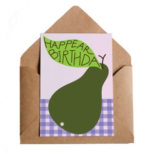 Biglietto di auguri di compleanno con pera, A6 / Festa picnic con frutta a quadretti / Giardino frutteto Snack sano / Tovaglia con natura morta e regalo per amici