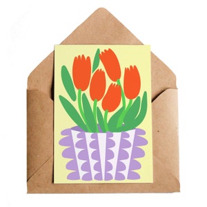 Tarjeta de jarrón con tulipanes, A6, Ramo de flores, Florales de cerámica, Cumpleaños pensando en ti, Regalo para amigo
