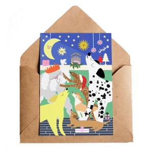 Biglietto di Natale, alla finestra, decorazioni per la luna con cani, animali domestici per le vacanze, Labradoodle Dalmata Terrier, Labrador Bassotto, amanti dei cani