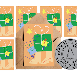Pack of 6 - Christmas Cards - Merry Christmas - Gifts | Card Bundle | Multipack | Holiday Cards | Presents Faces Figures Kitsch Mid Century