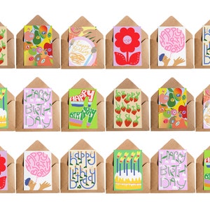 Gigantische verjaardagsbundel van 18 | A6-verjaardagskaarten 9 ontwerpen | Fruit Flowers Groovy Boots Cake Bubblegum Friends