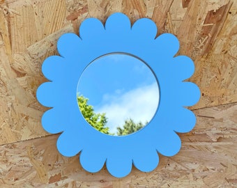 Swimming Pool Blue Jesmonite Flower Mirror | Handmade Solid Colours Home Decor | Daisy Gift Retro Flower Power | Love Art Object
