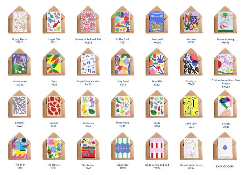 May include: A collection of greeting cards with various colorful designs, each in a brown envelope. Designs include illustrations of hearts, fish, houses, and abstract shapes. Text on some cards reads "Miss You" and other titles.