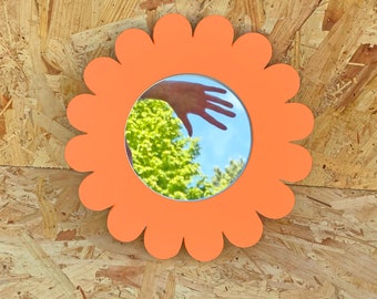 Tangerine Orange Jesmonite Flower Mirror | Handmade Solid Colours Home Decor | Daisy Gift Retro Flower Power | Love Friends Art Object