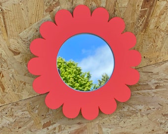 Tomato Red Jesmonite Flower Mirror | Handmade Solid Colours Home Decor | Daisy Gift Retro Flower Power | Love Friends Art Object