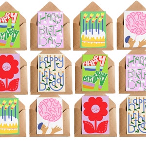 Big Birthday Card Bundle, A6 | 12 Pack of Birthday Cards, 6 Designs | Groovy Fun Bright Vibrant | Typography Flowers Cake
