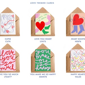 May include: A collection of six love-themed greeting cards in brown envelopes. Each card features colorful illustrations and text, including phrases like "I love you so much" and "You make me so happy."
