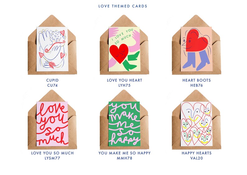 May include: A collection of six love-themed greeting cards in brown envelopes. Each card features colorful illustrations and text, including phrases like "I love you so much" and "You make me so happy."
