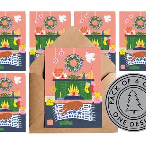 Lot de 6 - Cartes de Noël - Au coin du feu | Lot de cartes | Emballage multiple | Cartes de vœux | Chats Animaux de compagnie Couronne de cheminée Maison Cosy Hygge