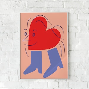 Impresión de botas de corazón, A3, Corazón gráfico de amor con botas, Galentines de San Valentín, Arte callejero, Mediados de siglo, Melocotón azul rojo, Impresión ilustrada