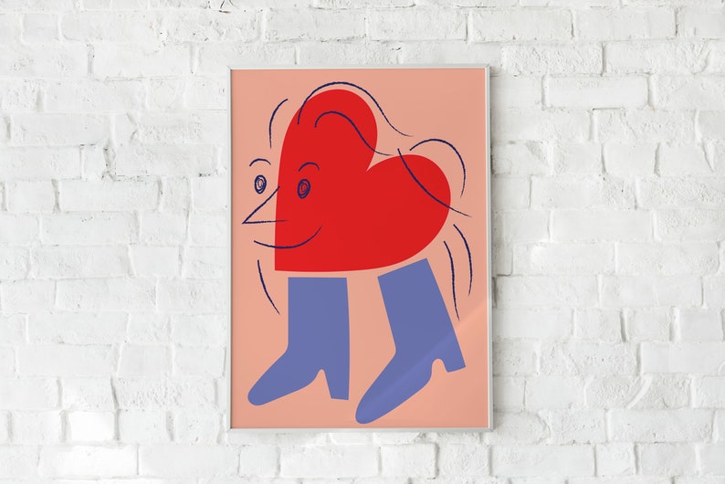Heart Boots Print, A3 Love Graphic Heart In Boots Valentines Galentines Street Art Mid Century Red Blue Peach Illustrated Print image 1