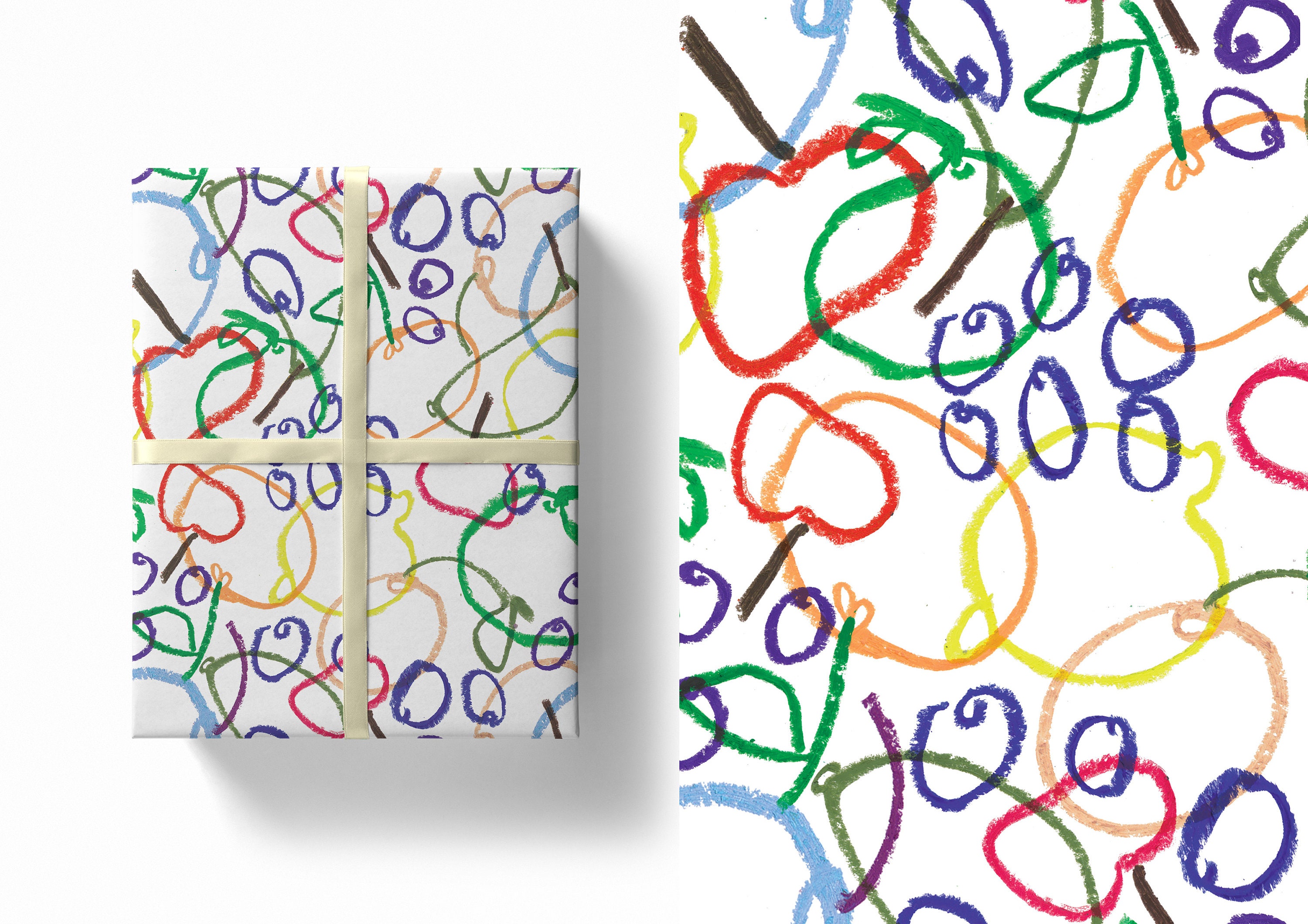 Ölpastell Obst | Luxus Geschenkpapier Bogen | Große Größe B2 | Kunst Linie Zeichnung | Schönes bedrucktes Papier