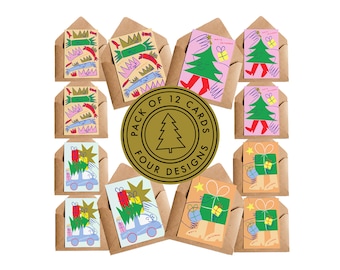 AGOTADO Feliz Navidad a todos - Paquete de 12 - Tarjetas navideñas / Paquete de tarjetas mixtas / Paquete múltiple / 4 diseños Regalos de árbol Autos Galletas