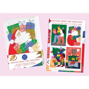 Puede incluir: Tarjetas de felicitaci&oacute;n navide&ntilde;as y sobres. Las tarjetas presentan ilustraciones coloridas de Pap&aacute; Noel, regalos y escenas festivas. El texto "Getting Ready for Christmas" se muestra en las tarjetas. El paquete incluye 12 tarjetas A6 con 4 dise&ntilde;os.