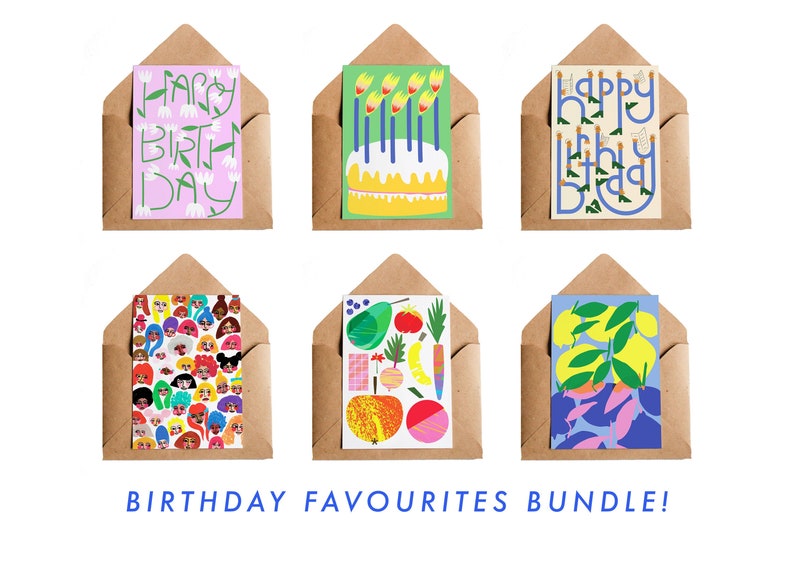 Birthday Favourites Bundle of 6 Card Bundle Illustrated Greeting Cards Set Card Pack Happy Birthday Cake image 1