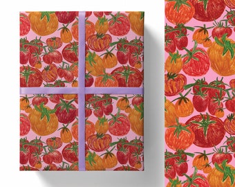 Tomaten Auf Rosa | Luxus Geschenkpapier Bogen | Große Größe B2 | Tomaten-Gewächshaus Kleingarten | Wunderschön bedrucktes Papier | Ungestrichenes 120g/qm