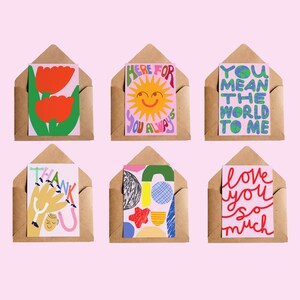 Roze kaartenbundel van 6 | Set geïllustreerde wenskaarten | Happy Card-pakket | Bloemen Sun Love You Tulpen Bedankt | Jij bedoelt de wereld