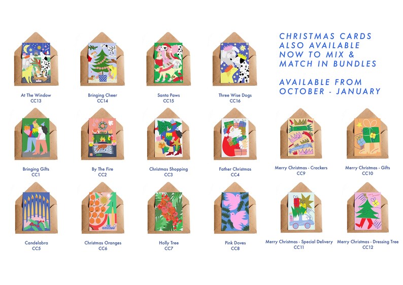 May include: A collection of Christmas cards in kraft paper envelopes. Each card features colorful illustrations with titles like "At The Window," "Bringing Cheer," and "Santa Paws." Text on the right says "Christmas Cards" and "Available from October - January."