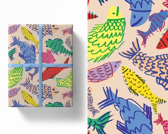 Happy Fish | Luxury Gift Wrap Sheet | Large Size B2 | Animal Lovers | Sea Sand Beach Coy Carp | Beautiful Printed Paper