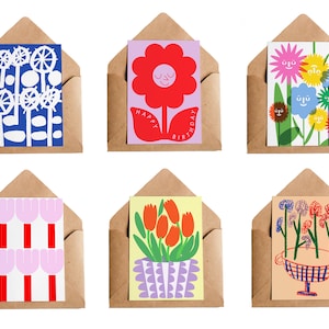 Blumenkarte 6er Bündel | Illustrierte Grußkarten Set | Tulpen Daisy Floral Card Pack | Geschenk für Freunde | Gartenarbeit Natur