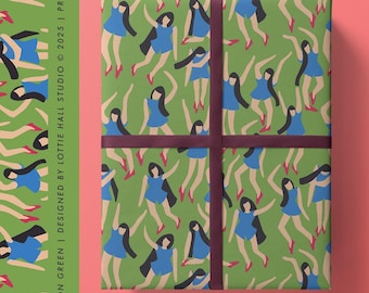 Dancing Girls on Green | Luxury Gift Wrap Sheet | Large Size B2 | Celebrating Women | Beautifully Printed Paper | Uncoated 120gsm