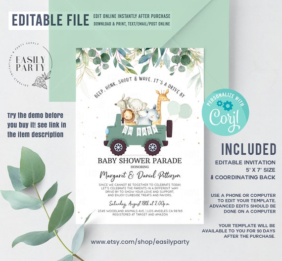 Editable Drive By Baby Shower Invitation Safari Animal Drive Through