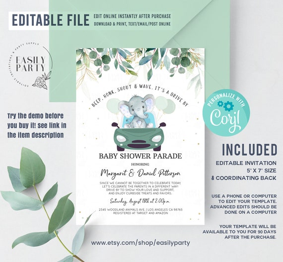 Editable Drive By Baby Shower Invitation Elephant Drive Through Baby
