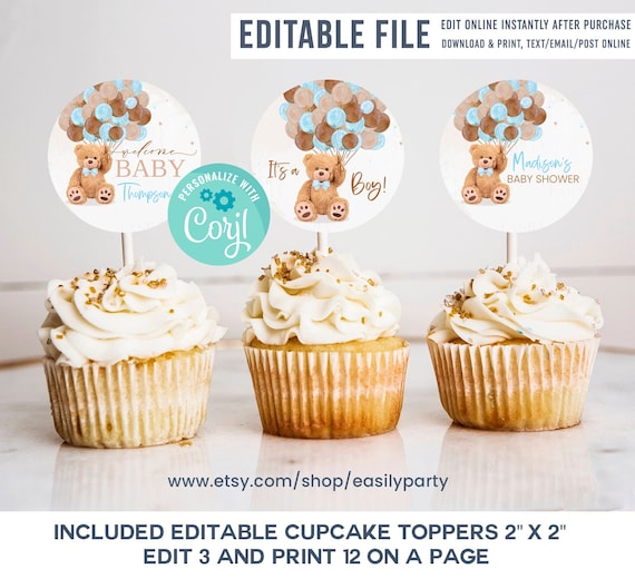 EDITABLE Teddy bear baby shower Cupcake Toppers, BoyBaby Shower