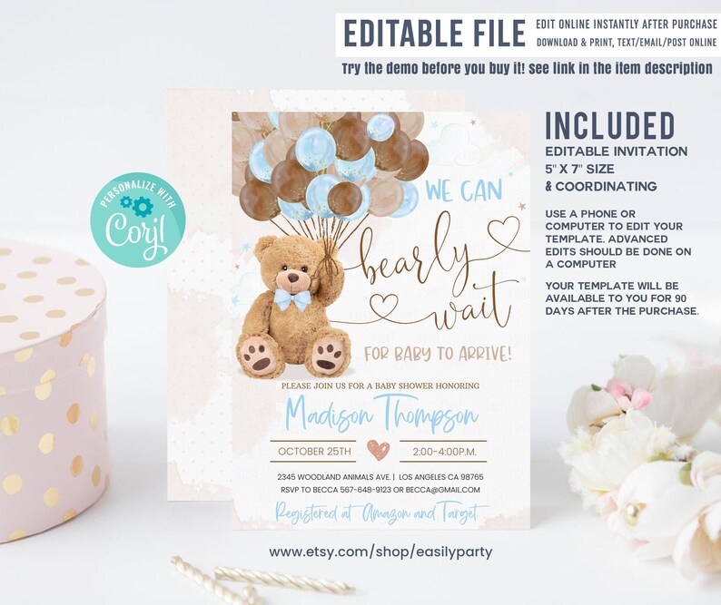 Editable Teddy Bear Baby Shower Invitation, Bear Themed Baby Shower Invite, Printable Bear with Balloons Baby Shower Invitations, Printable 