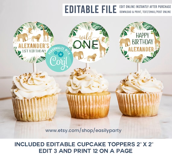 EDITABLE Safari Cupcake toppers, Gold Jungle Birthday Decorations, Wild