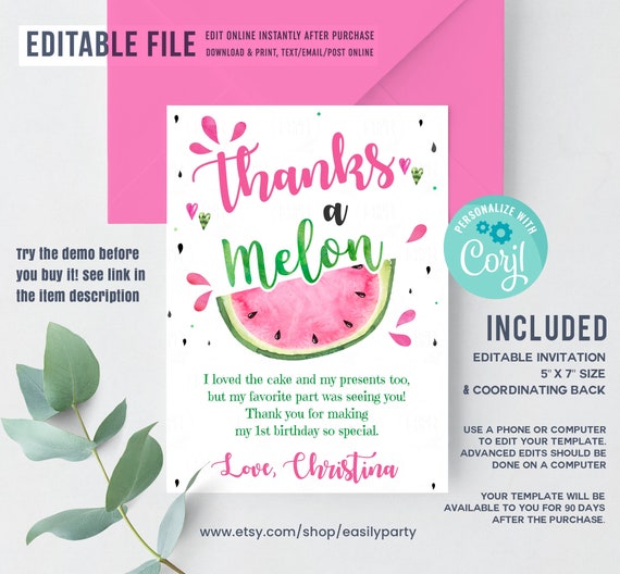 Editable Watermelon Thank you card, One in a melon Note card, Thanks a ...