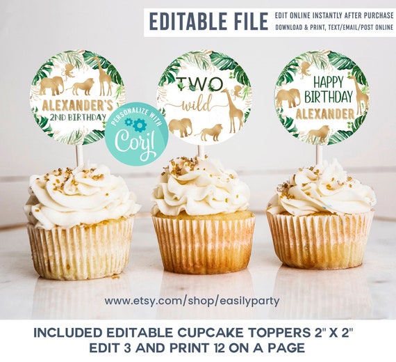 EDITABLE Safari Cupcake toppers, Gold Jungle Birthday Decorations, Two