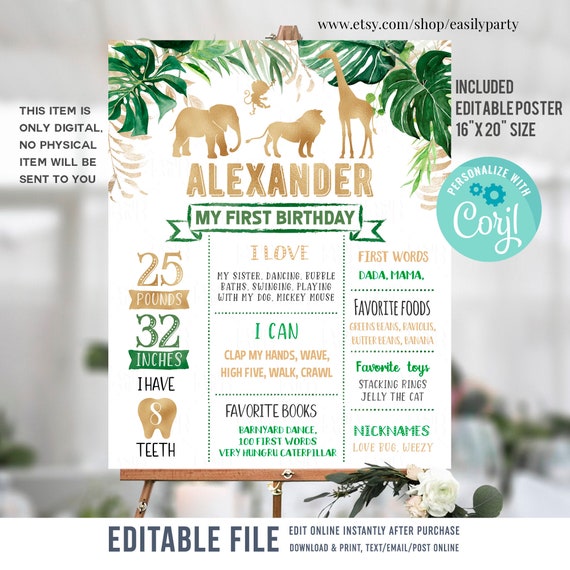 Jungle Gold Milestone Birthday Poster, EDITABLE Safari First.
