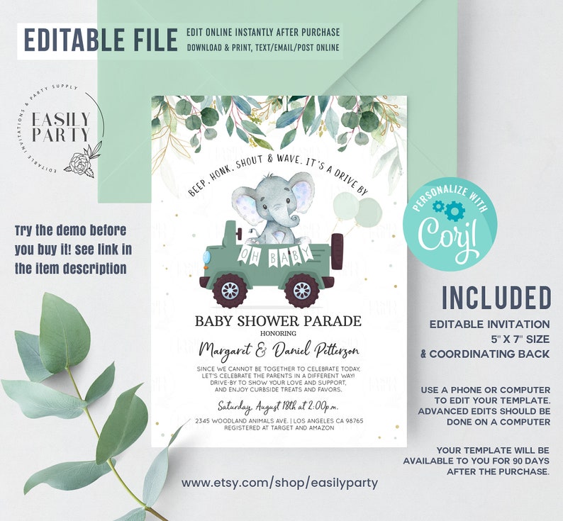 Editable Drive by Baby Shower Invitation Elephant Drive Etsy
