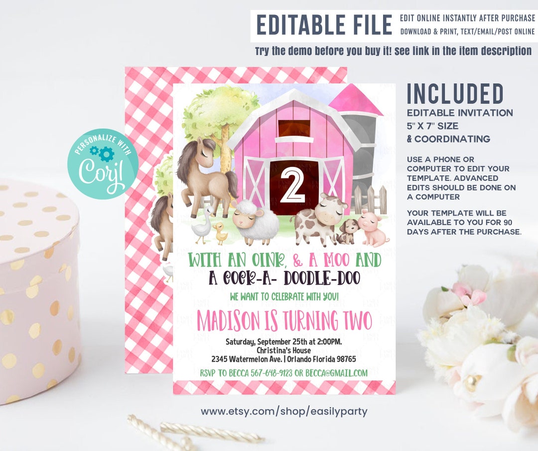 Editable Farm Birthday Invitation Girl Farm Animals Boy Etsy