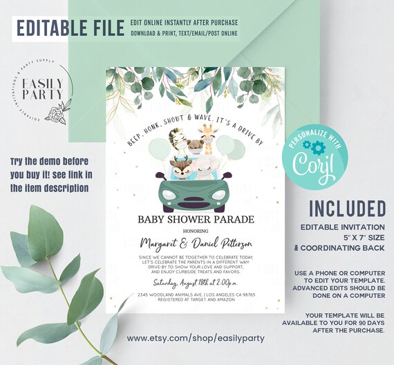 Editable Drive By Baby Shower Invitation Safrai animals Drive Through Baby Shower Invite Social